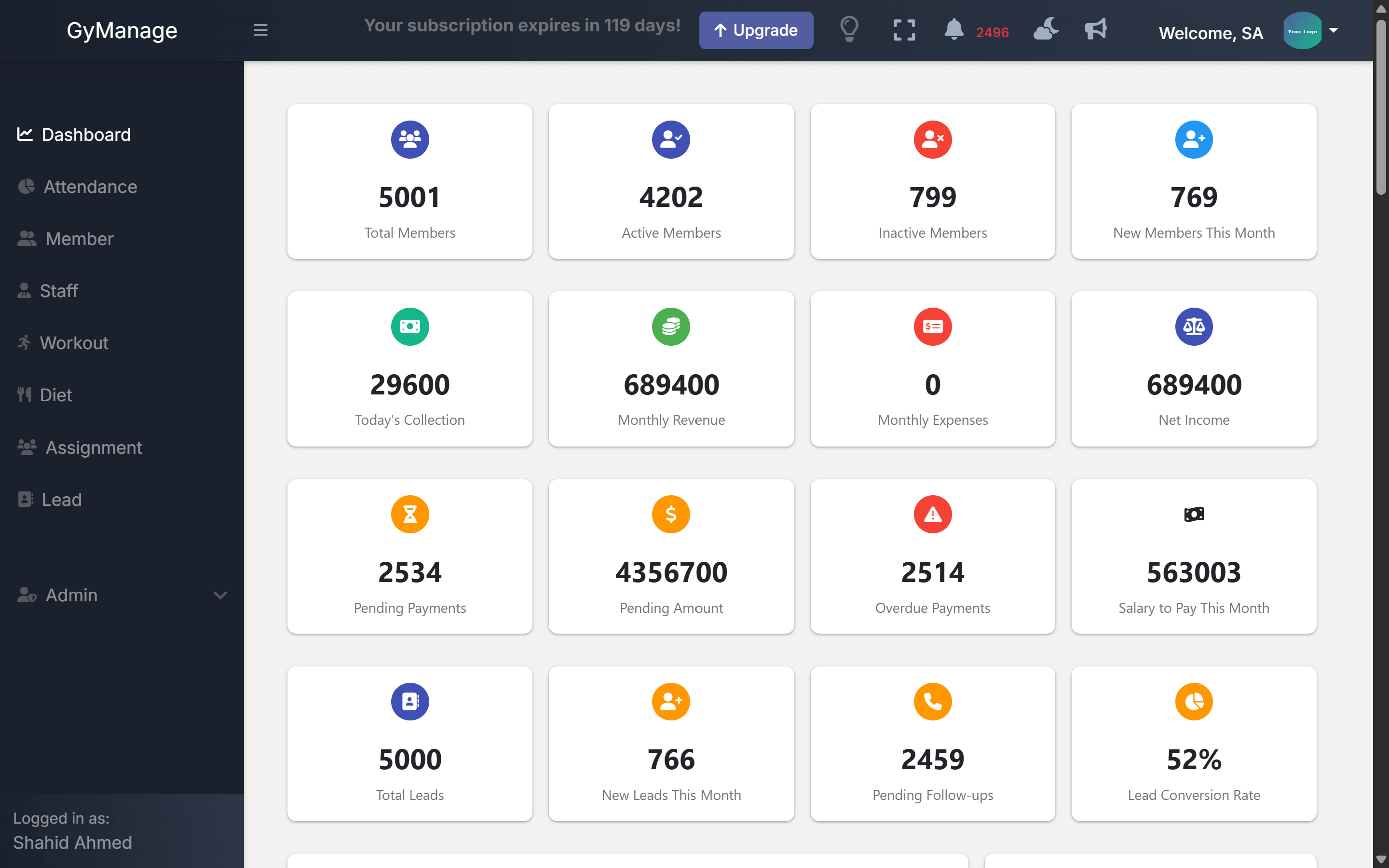 Gymanage gym dashboard